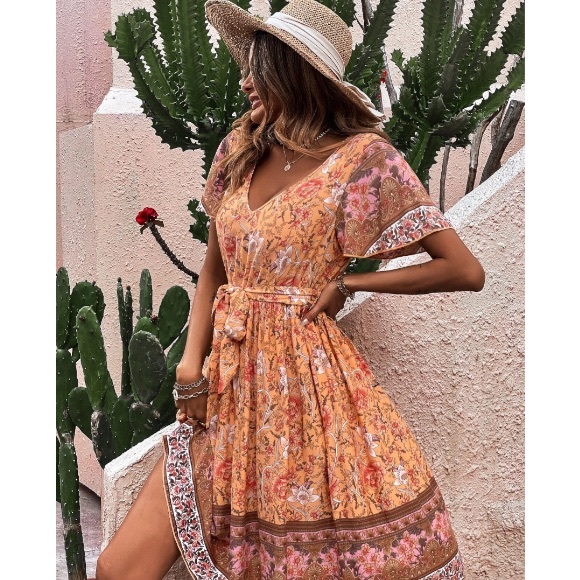 Boho Orange Floral Print Butterfly Sleeve Dress - Picture 4 of 6